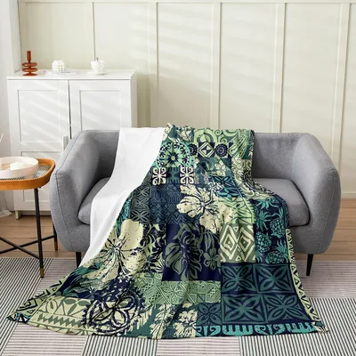 Green Boho Leaves Patchwork Blanket: Exotic Tribal Floral Design