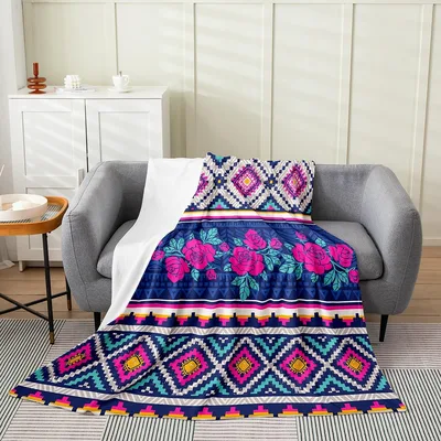 Roses and Tribal Geometric Blanket: Boho Floral Aztec Throw