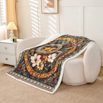 Snake Paisley Bohemian Floral Blanket: Reptile and Flower Art