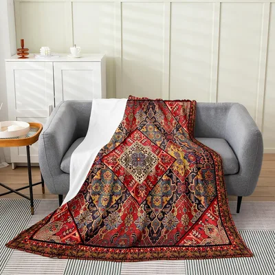 Red Ornate Persian Rug Blanket: Vintage Geometric Pattern Throw