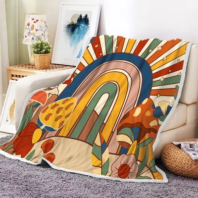 Retro Rainbow Sun Mushrooms Blanket: 70s Aesthetic Art Throw