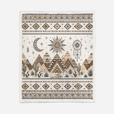 Boho Sun Moon Geometric Blanket: Desert Mountains and Cactus Art