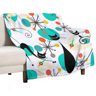 Retro Atomic Mid Century Blanket: Black Cat and Atomic Pattern Design