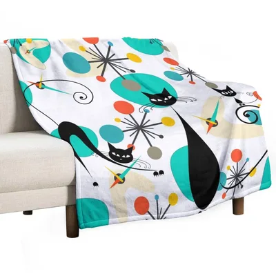 Retro Atomic Mid Century Pattern Blanket: Black Cats and Atomic Shapes
