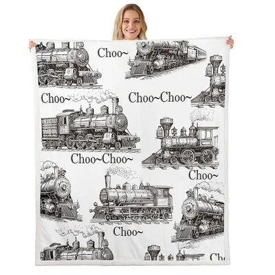 Brown Sketch Steam Train Blanket featuring vintage locomotive sketches