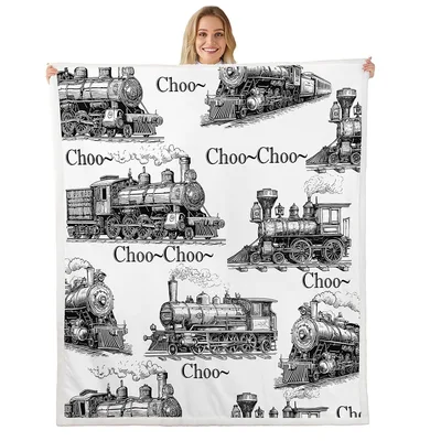 Black Sketch Steam Train Blanket: Vintage Locomotive Art for Rail Fans