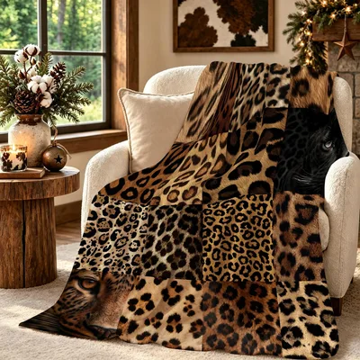 Leopard Print Pattern Blanket No. 25: Patchwork Feline Art Design