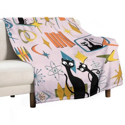 Retro Atomic Black Cat Blanket: 50s Space Age Feline Design