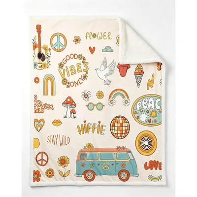 Retro Groovy Hippie Pattern Blanket featuring a flower van