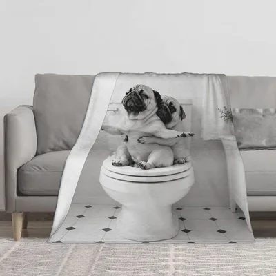 Funny Pug Dogs Blanket: Two Pugs Hugging on a Toilet Seat