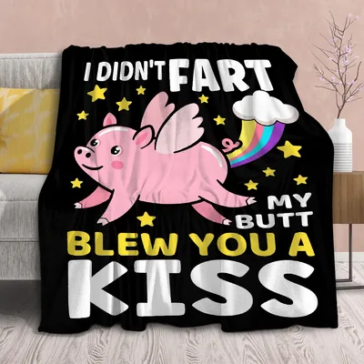Funny Flying Pig Blanket with Fart Joke and Rainbow