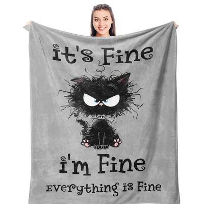 Grumpy Black Cat Sarcastic Blanket It's Fine I'm Fine