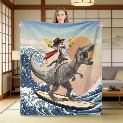 Cat Riding Dinosaur Surfing Blanket: A Cowboy Cat on a T-Rex