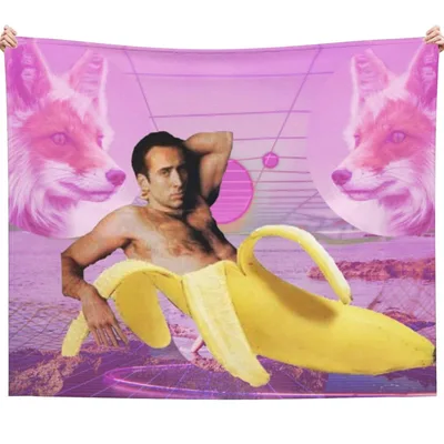 Vaporwave Banana Funny Blanket featuring a retro synthwave scene