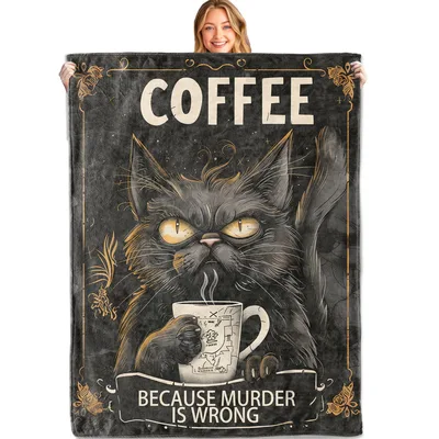 Black Cat Coffee Blanket: Grumpy Gothic Feline with Sarcastic Quote