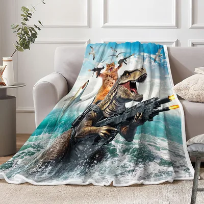 Cat Riding Dinosaur Blanket: T-Rex and Gun-Wielding Cat on Ocean