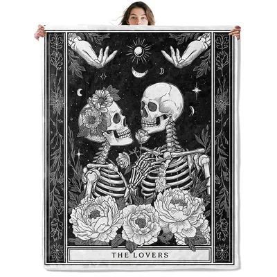 Skeleton Couple Tarot Blanket: The Lovers Gothic Skull Design