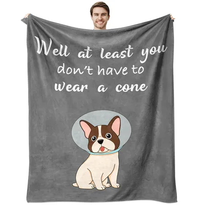Cone-Free Pup in Charcoal Blanket: Funny Get Well Dog Design