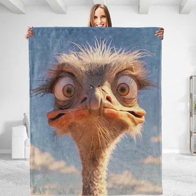 Funny Ostrich Animal Blanket with a Close-Up Wild Face