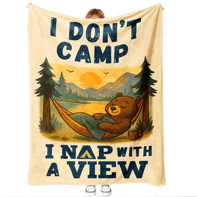 Camping Bear Hammock Humor Blanket: Nap With A View Design