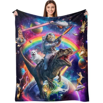Cat Riding Dinosaur Space Blanket: Feline Astronaut on T-Rex
