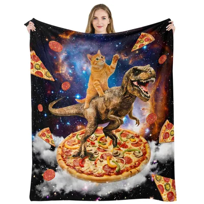 Cat Riding Dinosaur Pizza Blanket: A Cosmic Ginger Cat Adventure