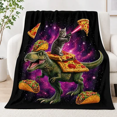Space Cat Laser Taco Blanket: Feline Dinosaur Pizza Adventure
