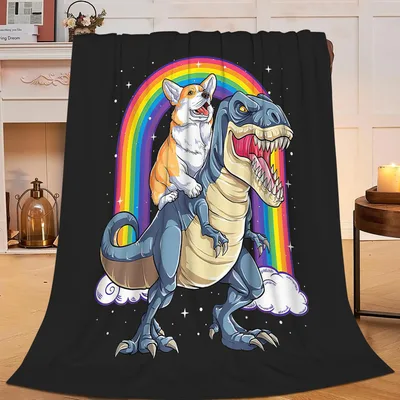 Corgi Riding Rainbow Dinosaur Blanket: Whimsical T-Rex Art