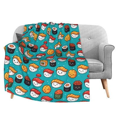 Kawaii Sushi Pattern Blanket: Cute Smiling Sushi Roll Design