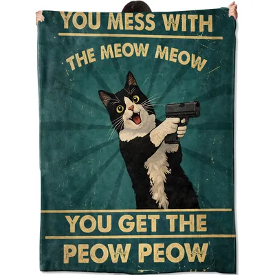 You Mess Blanket: Vintage Cat Poster with Gun and Slogan