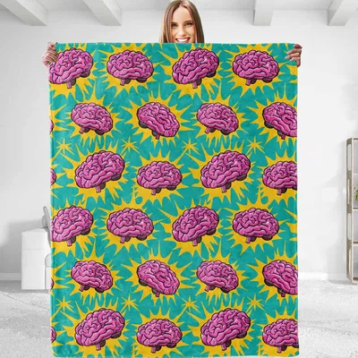 Funny Brain Pattern Blanket: Pop Art Pink Brains on Teal and Yellow