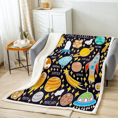 Outer Space Solar System Pattern Blanket featuring SPACE DOODLES text