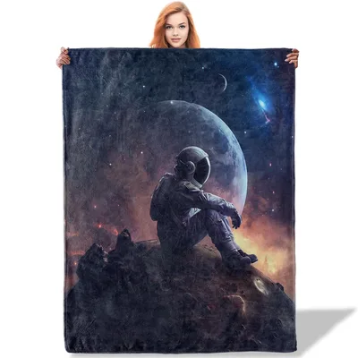 Astronaut Sitting on Moon Blanket: Cosmic Space Explorer Art
