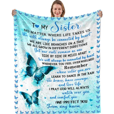 Sister Poem Blanket: Blue Butterfly Design with Heartfelt Message