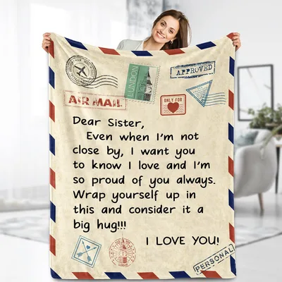 Sister Hug Letter Blanket: Airmail Design with Personal Message