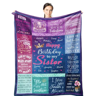 Sister Birthday Sentiments Blanket features a purple collage