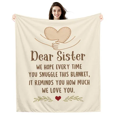 Sister Love Letter Heart Blanket features a stitched heart