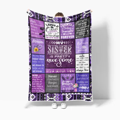 Sister Quotes Patchwork Blanket featuring purple squares