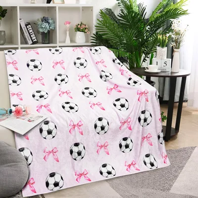Soccer Pink Bow Blanket: Soccer Balls and Ribbons on Soft Fabric