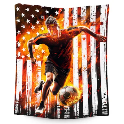 Soccer Player on Flaming Blanket with American Flag Background