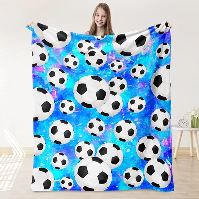 Soccer Balls on Blue Blanket: Classic Pattern on Watercolor Background
