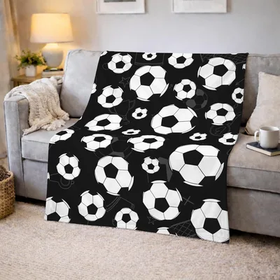 Soccer Balls Pattern Black Blanket for Fans of the Beautiful Game