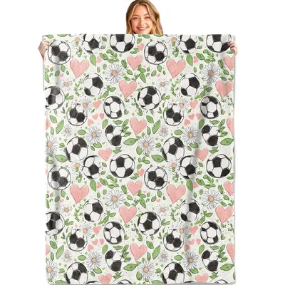 Soccer Balls Hearts Daisies Blanket: A Soft Floral Sport Design