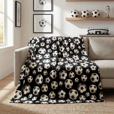 Black and Cream Scattered Blanket: Soccer Ball Pattern for Fans