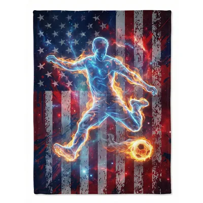 Flaming Soccer Kicker Blanket: Glowing Player on Distressed Flag