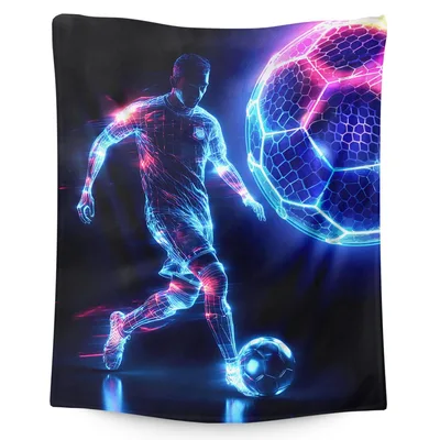 Neon Soccer Player Kicking Blanket: Glowing Wireframe Design