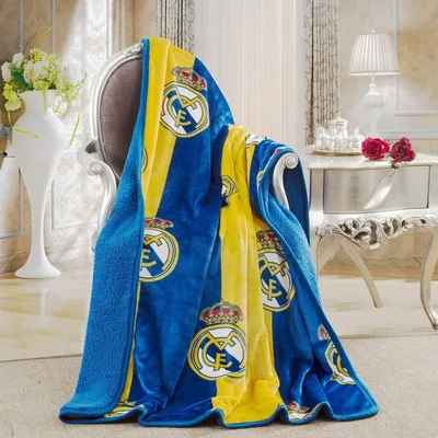 Blue and Yellow Club Blanket: Real Madrid Crest Design for Fans