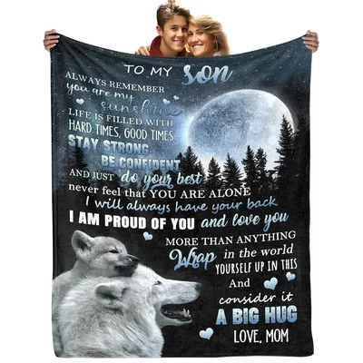 Son Gift Letter Blanket: To My Son Message with Wolf and Moon Artwork