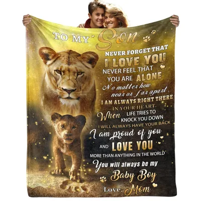 Son Message Blanket: Lion Mother and Cub Design with Heartfelt Quote