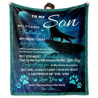 Son Wolf Blanket: To My Son Poem with Howling Wolf Silhouette